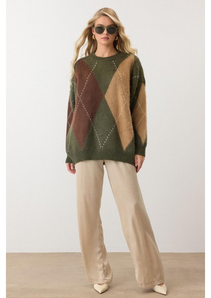 Baklava Desen Oversize Triko Kazak Haki 8272 fiyatları