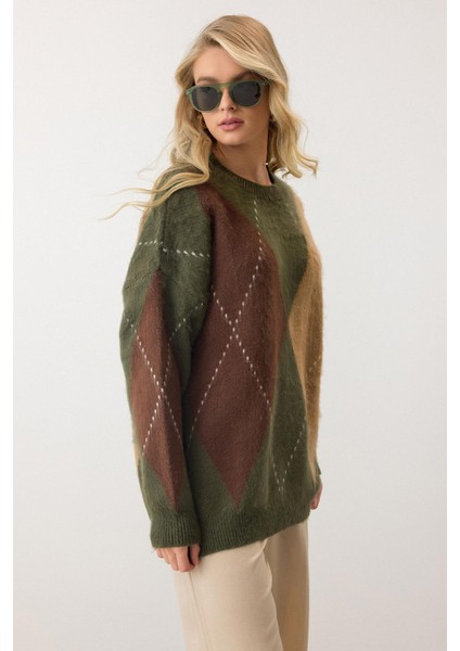 Baklava Desen Oversize Triko Kazak Haki 8272 modelleri