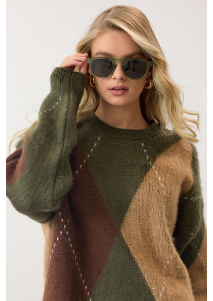 Baklava Desen Oversize Triko Kazak Haki 8272 fırsatları