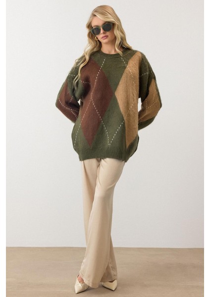 Baklava Desen Oversize Triko Kazak Haki 8272 indirimleri