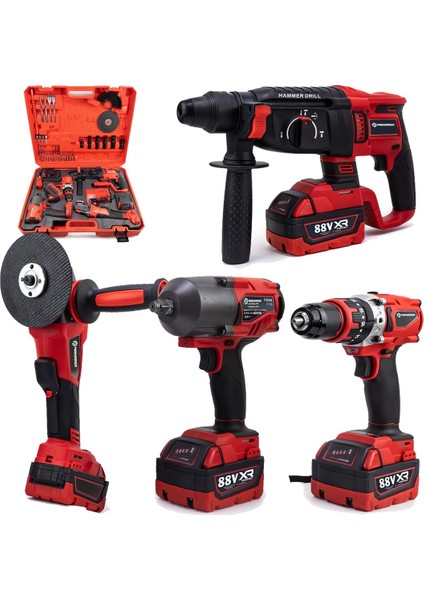 PH303 Profesyonel Yeni Kırmızı 4lü Set Makine - 1100NM Somun Sökme, Kırıcı Delici, 125MM Avuç Taşlama, 13MM Vidalama Matkap