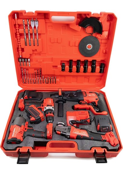 PH303 Profesyonel Yeni Kırmızı 4lü Set Makine - 1100NM Somun Sökme, Kırıcı Delici, 125MM Avuç Taşlama, 13MM Vidalama Matkap