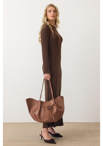 Bisiklet Yaka Kalın Fitilli Uzun Triko Elbise Kahve 9363-E modelleri