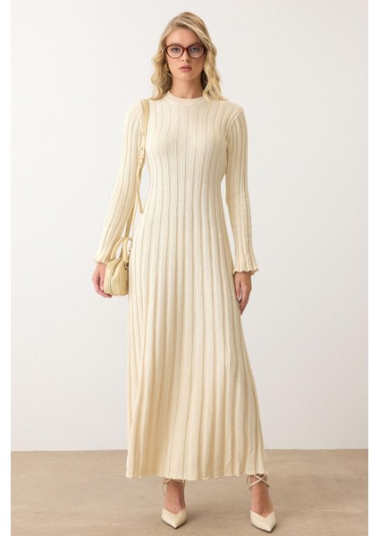 Bisiklet Yaka Kalın Fitilli Uzun Triko Elbise Krem 9363-E