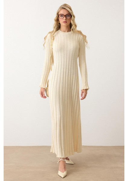 Bisiklet Yaka Kalın Fitilli Uzun Triko Elbise Krem 9363-E modelleri