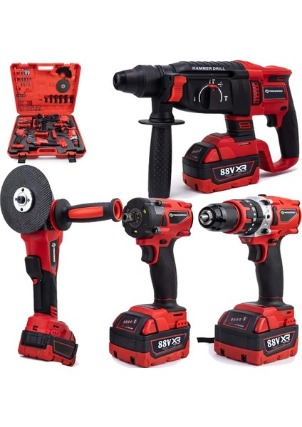 PH304 Profesyonel Yeni Kırmızı 4lü Set Makine - 350NM Somun Sökme, Kırıcı Delici, 125MM Avuç Taşlama, 13MM Vidalama Matkap