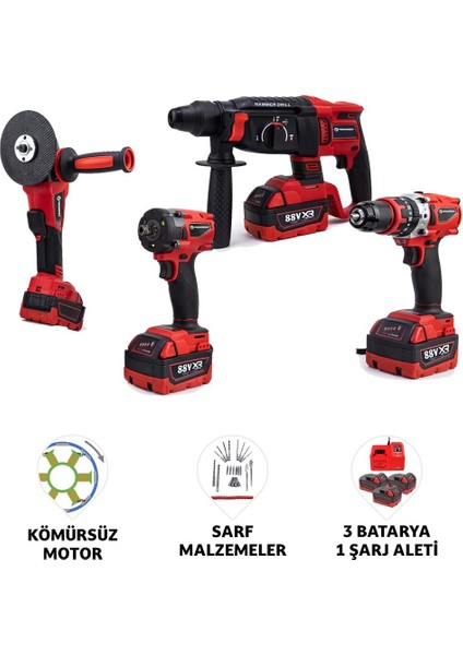 PH304 Profesyonel Yeni Kırmızı 4lü Set Makine - 350NM Somun Sökme, Kırıcı Delici, 125MM Avuç Taşlama, 13MM Vidalama Matkap