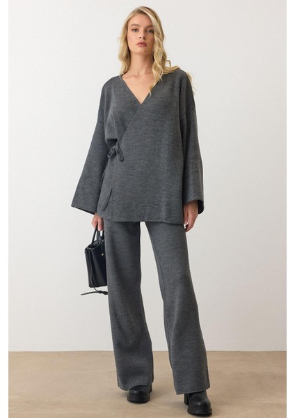 Bağcık Kapamalı Kimono Pantolon Triko Takım Antrasit 9364-TK