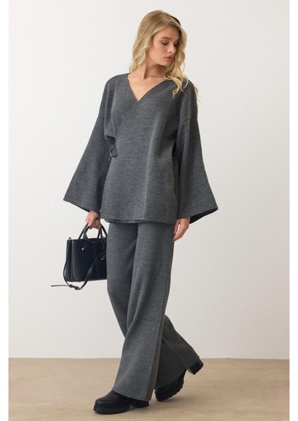 Bağcık Kapamalı Kimono Pantolon Triko Takım Antrasit 9364-TK fiyatları