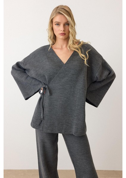 Bağcık Kapamalı Kimono Pantolon Triko Takım Antrasit 9364-TK modelleri