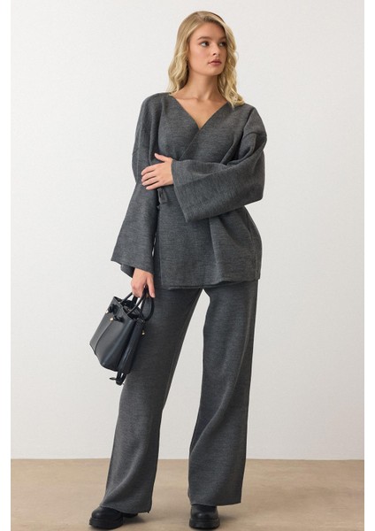 Bağcık Kapamalı Kimono Pantolon Triko Takım Antrasit 9364-TK fırsatları