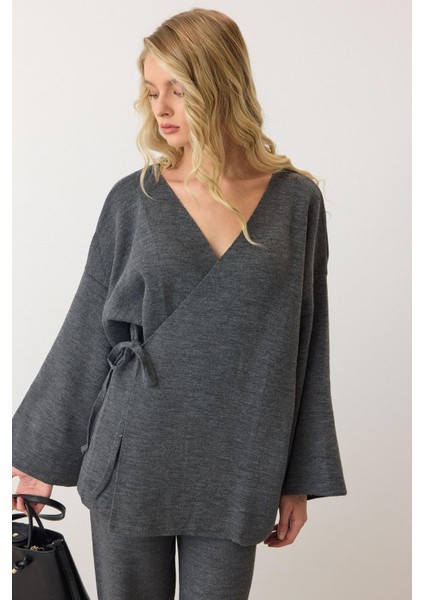 Bağcık Kapamalı Kimono Pantolon Triko Takım Antrasit 9364-TK indirimleri