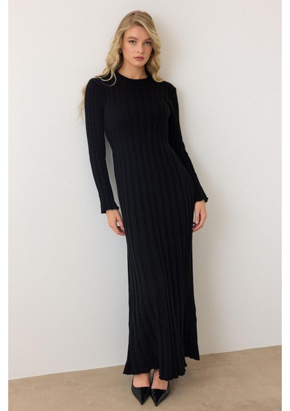 Bisiklet Yaka Kalın Fitilli Uzun Triko Elbise Siyah 9363-E