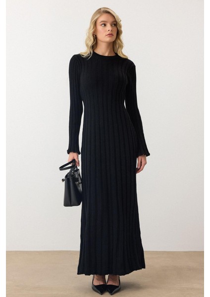 Bisiklet Yaka Kalın Fitilli Uzun Triko Elbise Siyah 9363-E fiyatları