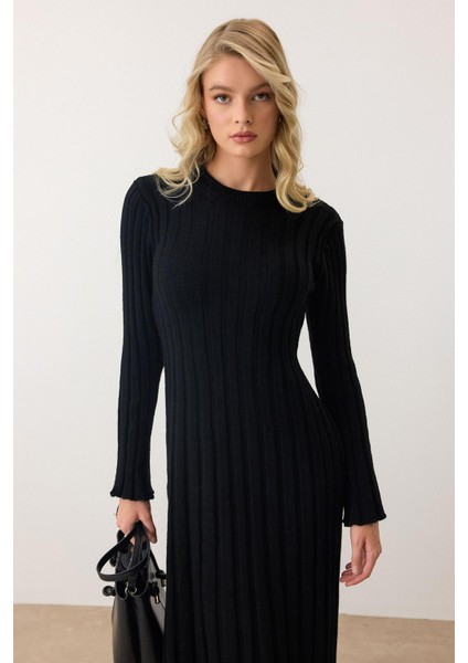 Bisiklet Yaka Kalın Fitilli Uzun Triko Elbise Siyah 9363-E modelleri