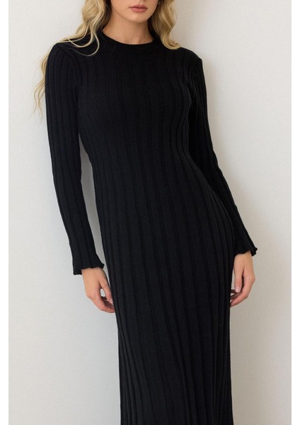 Bisiklet Yaka Kalın Fitilli Uzun Triko Elbise Siyah 9363-E indirimleri