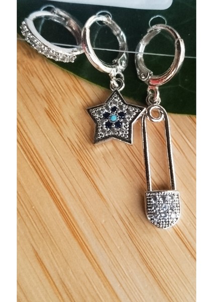 Gümüş Renk Lüks Gösterişli Figürlü Üçlü Küpe