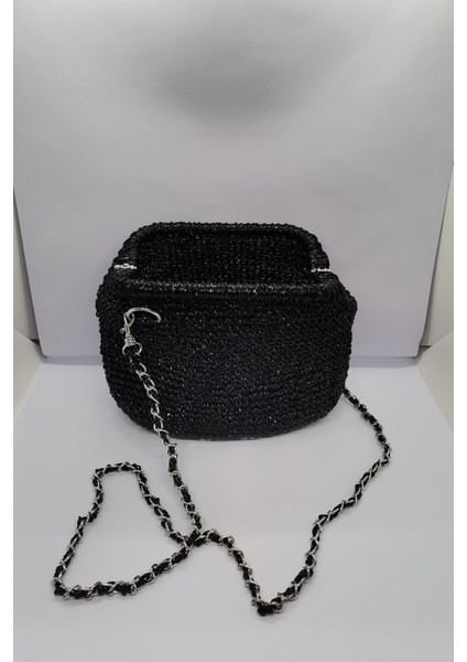 Burslu Clutch El ve Omuz Çantası Siyah Simli Metalik İp El Yapımı fiyatları