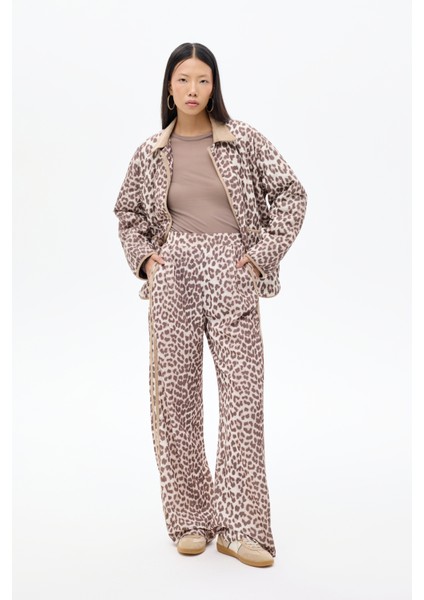 Leopar Desenli Şeritli Bol Paça Pantolon Kahverengi