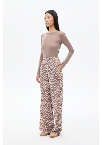 Leopar Desenli Şeritli Bol Paça Pantolon Kahverengi fırsatları