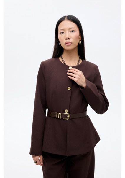 Kemer Aksesuarlı Yuvarlak Yaka Ceket Koyu Kahve