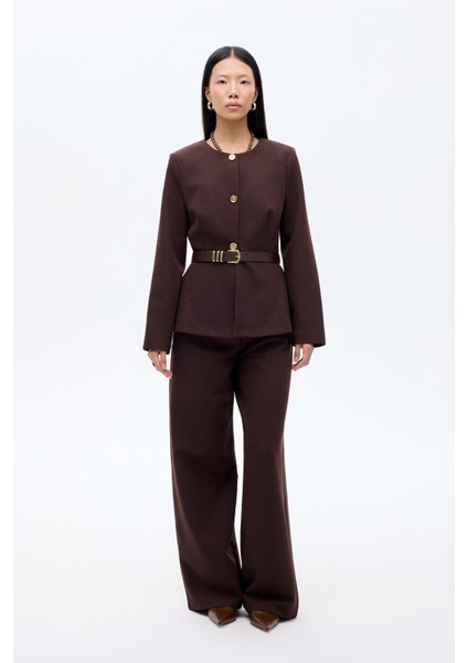 Kemer Aksesuarlı Yuvarlak Yaka Ceket Koyu Kahve modelleri