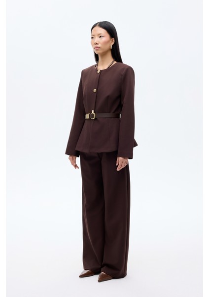 Kemer Aksesuarlı Yuvarlak Yaka Ceket Koyu Kahve fırsatları