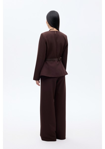 Kemer Aksesuarlı Yuvarlak Yaka Ceket Koyu Kahve indirimleri