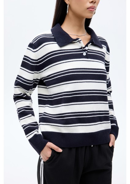Polo Yaka Çizgili Triko Lacivert modelleri
