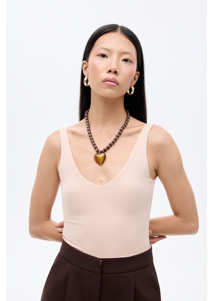 V Yaka Basic Bodysuit Bej modelleri