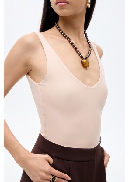 V Yaka Basic Bodysuit Bej fırsatları
