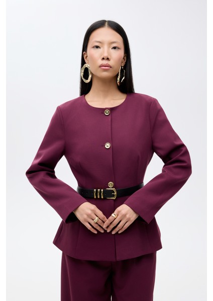 Kemer Aksesuarlı Yuvarlak Yaka Ceket Mürdüm