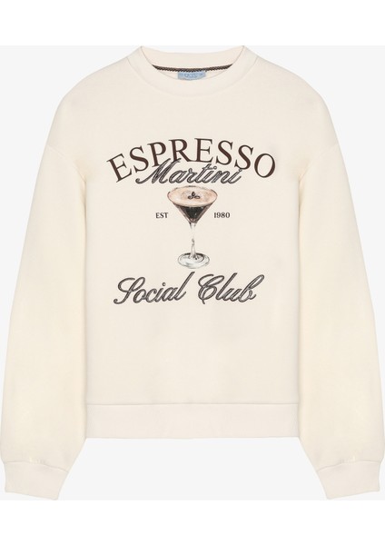 Espresso Baskılı Yazı Nakışlı Oversize Sweatshirt Ekru