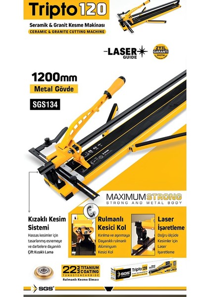 SGS134 - TRIPTO120 Seramik Granit Fayans Kesme Makinası 120CM - Lazerli Kesim - Rulmanlı fiyatları