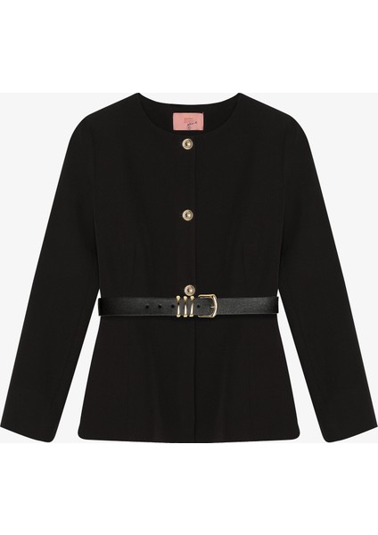 Kemer Aksesuarlı Yuvarlak Yaka Ceket Siyah