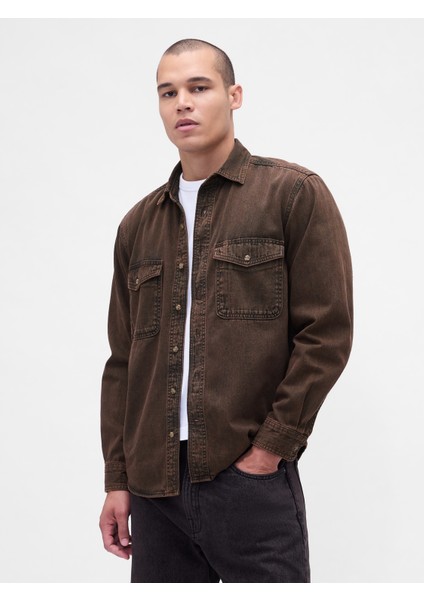 Erkek Kahverengi Denim Relaxed Gömlek