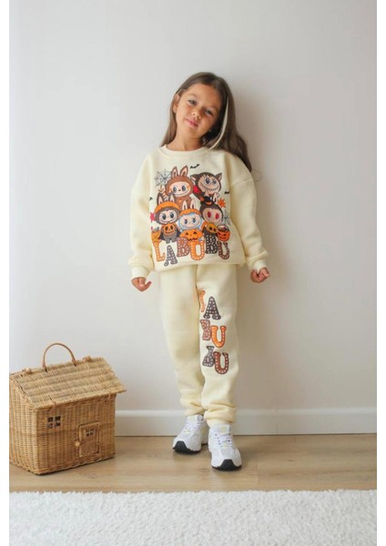 Labubu Baskı Desenli 3 Iplik Şardonlu Krem Renkli Eşofman Alt Üst Takım modelleri