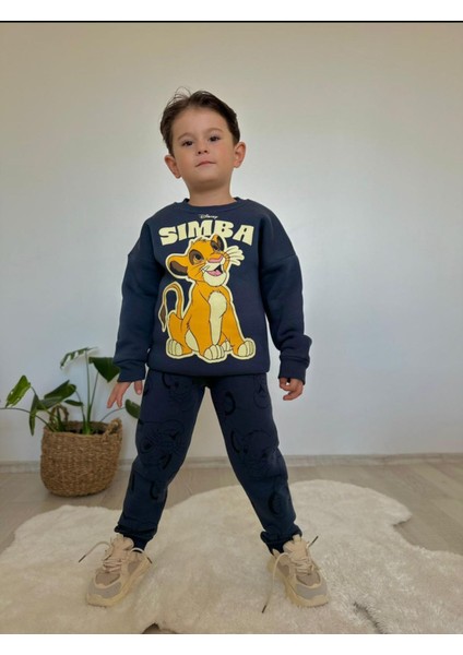 Simba Baskı Desenli 3 Iplik Şardonlu Lacivert Alt-Üst Eşofman Takımı ( Pantolon Simba Baskı Desenli )