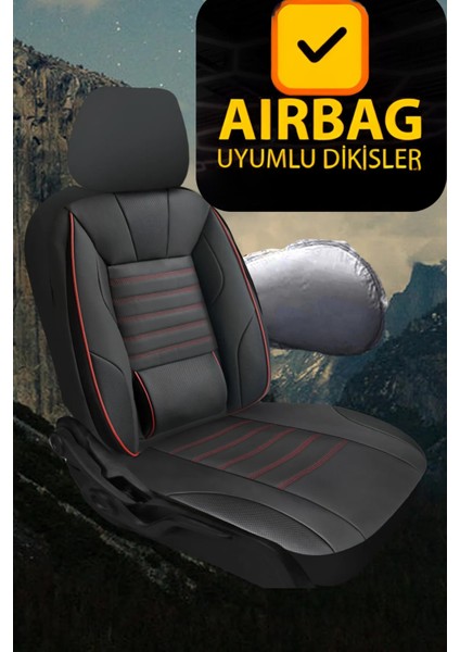 Citroën C-Elysée 2012–2022 Sarp Serisi Oto Koltuk Kılıfı 5’li Set – Airbag & Kolçak Uyumlu, 3 Katman, Deri+Lakost Siyah Kırmızı modelleri