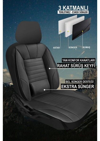 Nissan Bluebird 1980–1995 Sarp Serisi Oto Koltuk Kılıfı 5’li Set – Airbag & Kolçak Uyumlu, 3 Katman, Deri+Lakost Siyah modelleri