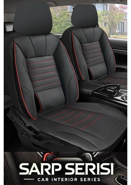Dacia Duster 2010–SONRASI Sarp Serisi Oto Koltuk Kılıfı 5’li Set – Airbag & Kolçak Uyumlu, 3 Katman, Deri+Lakost Siyah Kırmızı