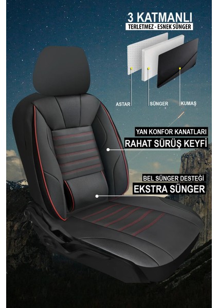 Kia Opirus 2003–2010 Sarp Serisi Oto Koltuk Kılıfı 5’li Set – Airbag & Kolçak Uyumlu, 3 Katman, Deri+Lakost Siyah Kırmızı fiyatları