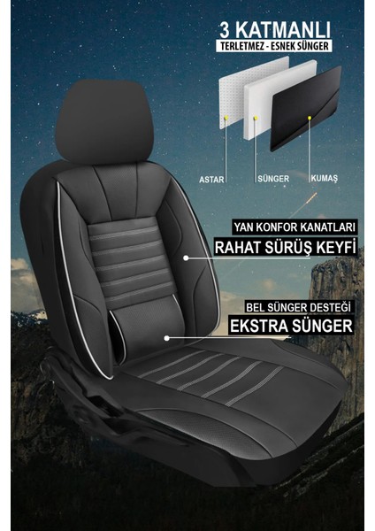 Geely Mk 2006–2012 Sarp Serisi Oto Koltuk Kılıfı 5’li Set – Airbag & Kolçak Uyumlu, 3 Katman, Deri+Lakost Siyah Beyaz fiyatları