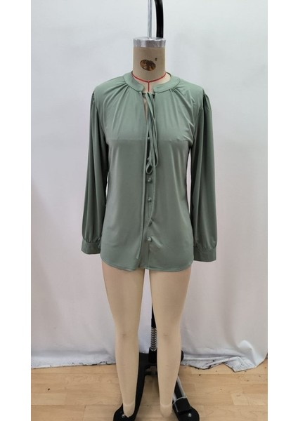 Kadın Uzun Kollu Yakalı Yakadan Bağcıklı Düğmeli Sandy Bluz indirimleri