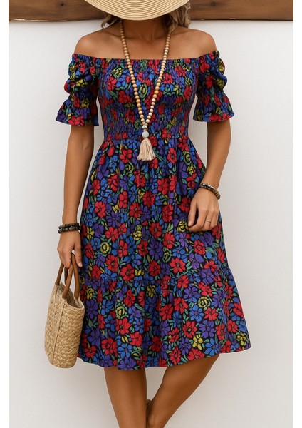 Kadın Kısa Kollu Kare Yakalı Beli Lastikli Çiçek Desenli Mini Süprem Elbise