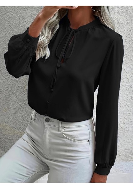 Kadın Uzun Kollu Yakalı Yakadan Bağcıklı Düğmeli Sandy Bluz fiyatları