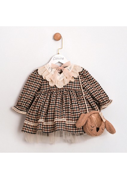 Kız Bebek Kareli Elbise ve Ayıcık Çanta Takımı modelleri