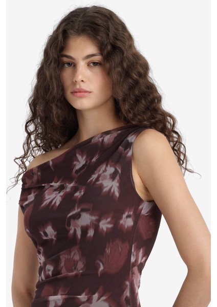 Bodycon Vücudu Saran Açık Omuz Çiçek Desenli Tül Maxi Elbise F0421AX25AU