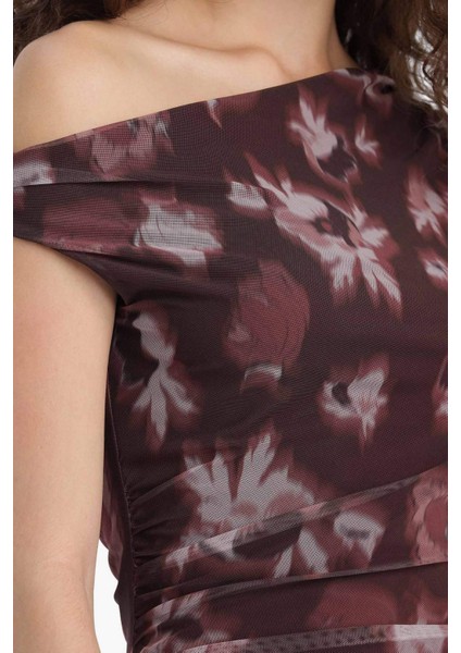 Bodycon Vücudu Saran Açık Omuz Çiçek Desenli Tül Maxi Elbise F0421AX25AU