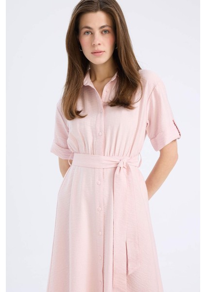 Gömlek Yaka Kısa Kollu Kuşaklı Midi Elbise B5634AX25SM fırsatları